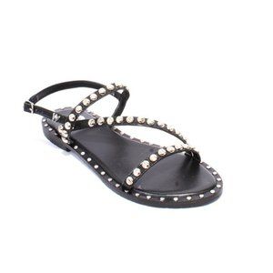 WOz 2528 Black Leather Open Toe Studded Summer Sandals Shoes